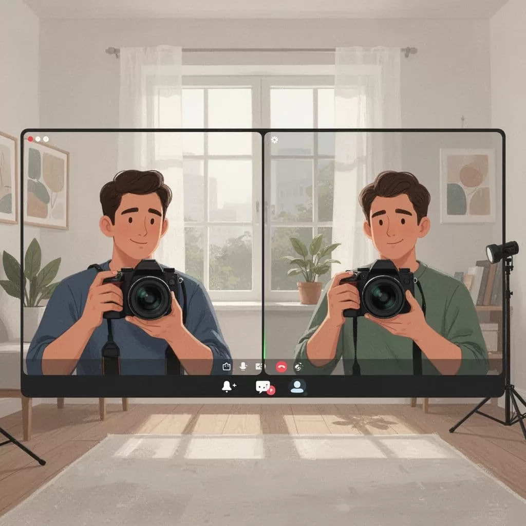 Illustration of video call screen with participants and camera equipment discussing photography.