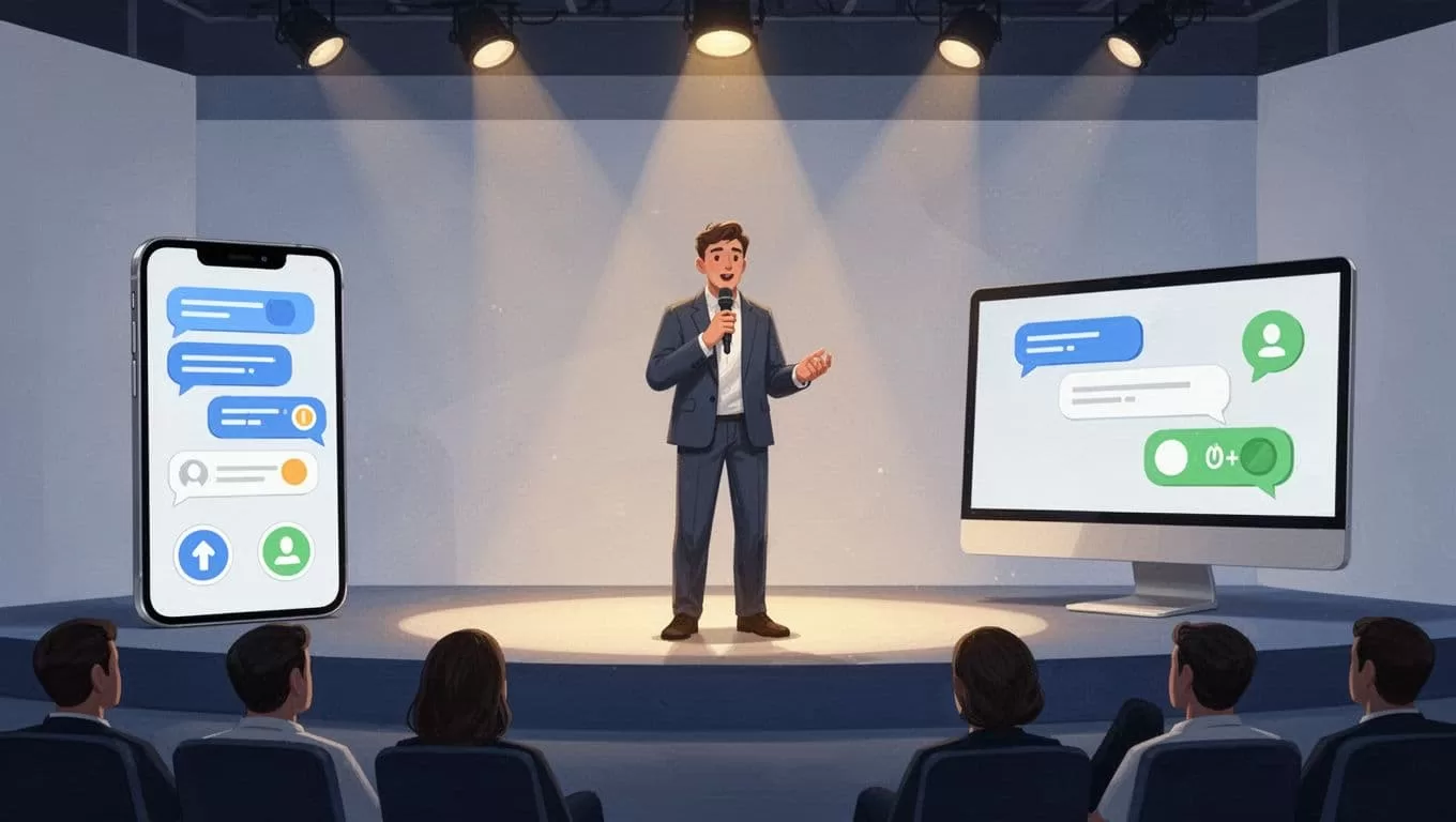 Host speaks on stage with microphone while diverse participants engage in chat on mobile and desktop screens with polls.