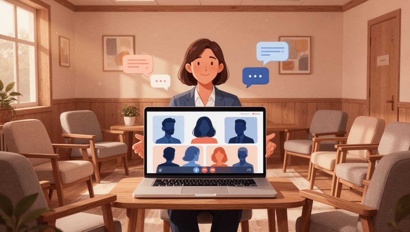 Person hosts live webinar on laptop in cozy community room, screen shows attendees and chat bubbles.