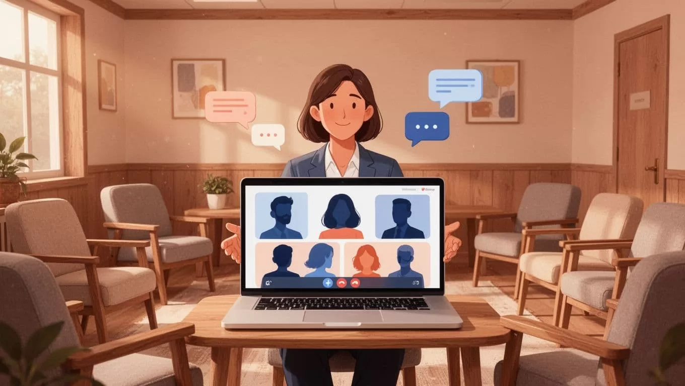 Person hosts live webinar on laptop in cozy community room, screen shows attendees and chat bubbles.