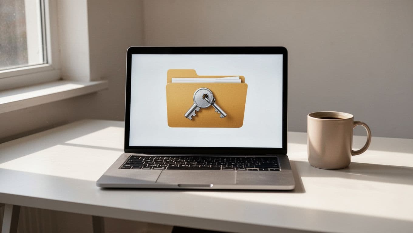 Laptop screen displays a digital folder locked with a key on a desk beside a coffee mug.