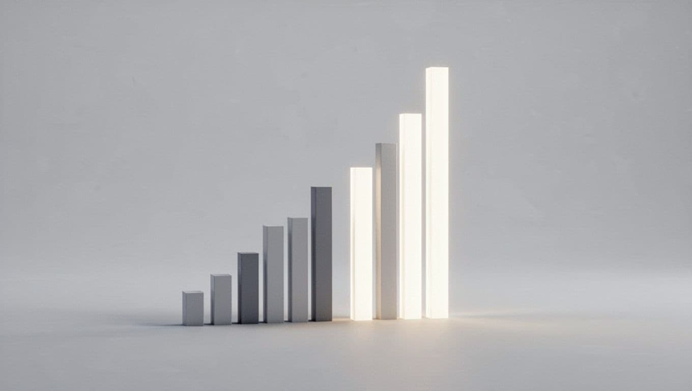 Two abstract bar charts in different colors rise from a sleek digital surface representing distinct churn data.