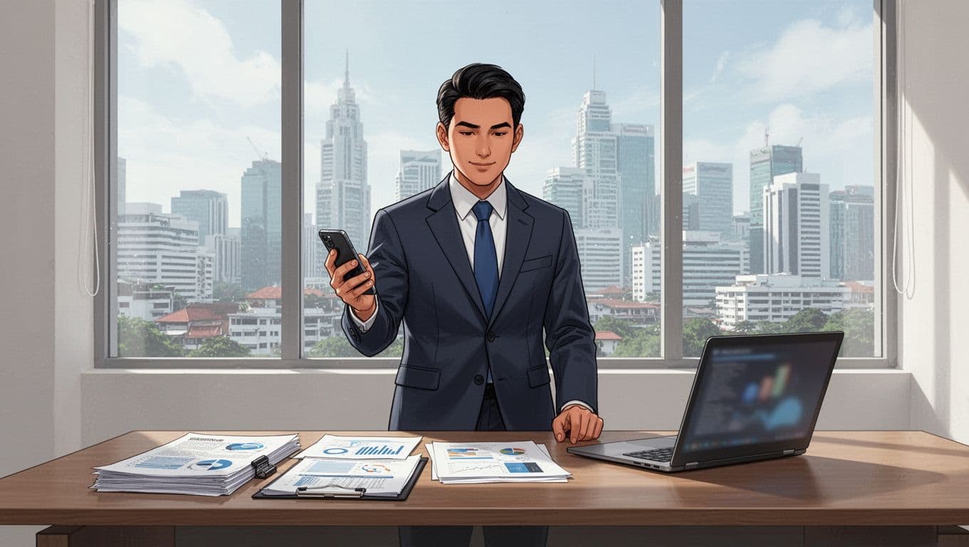 Business professional in Malaysian office checks phone for Wise verification, desk with documents and blurred laptop, city skyline view.