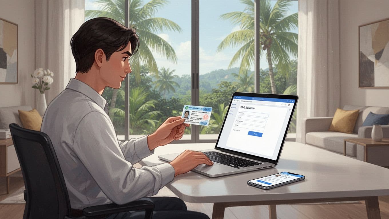 Person sits at desk in modern Malaysian apartment holding ID card near laptop open to Wise signup page.
