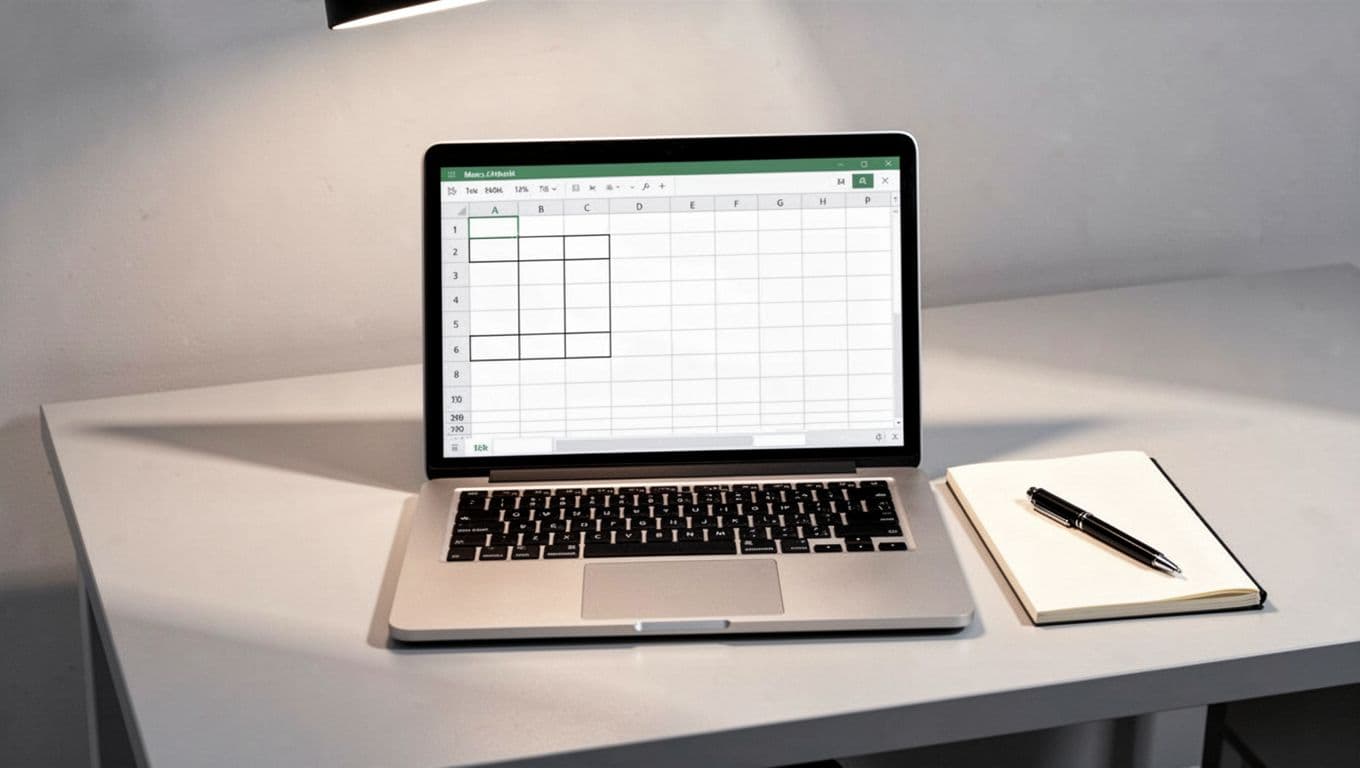 Laptop screen shows spreadsheet calculating MRR churn from raw numbers on desk with notepad and pen.