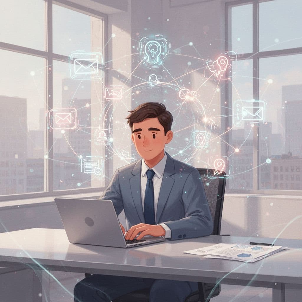 A professional works on a laptop while digital icons represent automated processes running in the background.