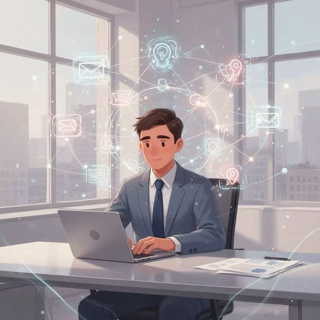 A professional works on a laptop while digital icons represent automated processes running in the background.