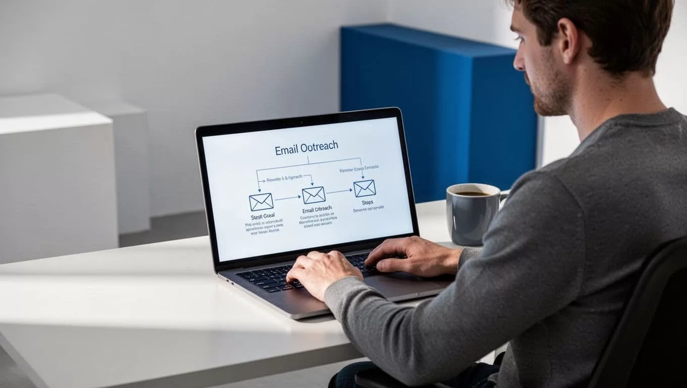 Marketer at desk types on laptop showing email outreach workflow diagram with icons and steps, coffee mug nearby.