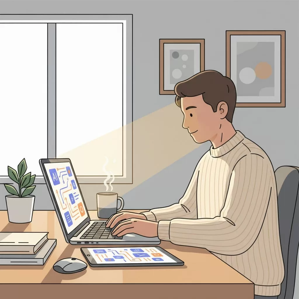 A focused professional sits at a clean, minimalist desk illuminated by a warm glow while working on a laptop. Soft ambient lighting highlights their concentrated expression during an automated outreach session.