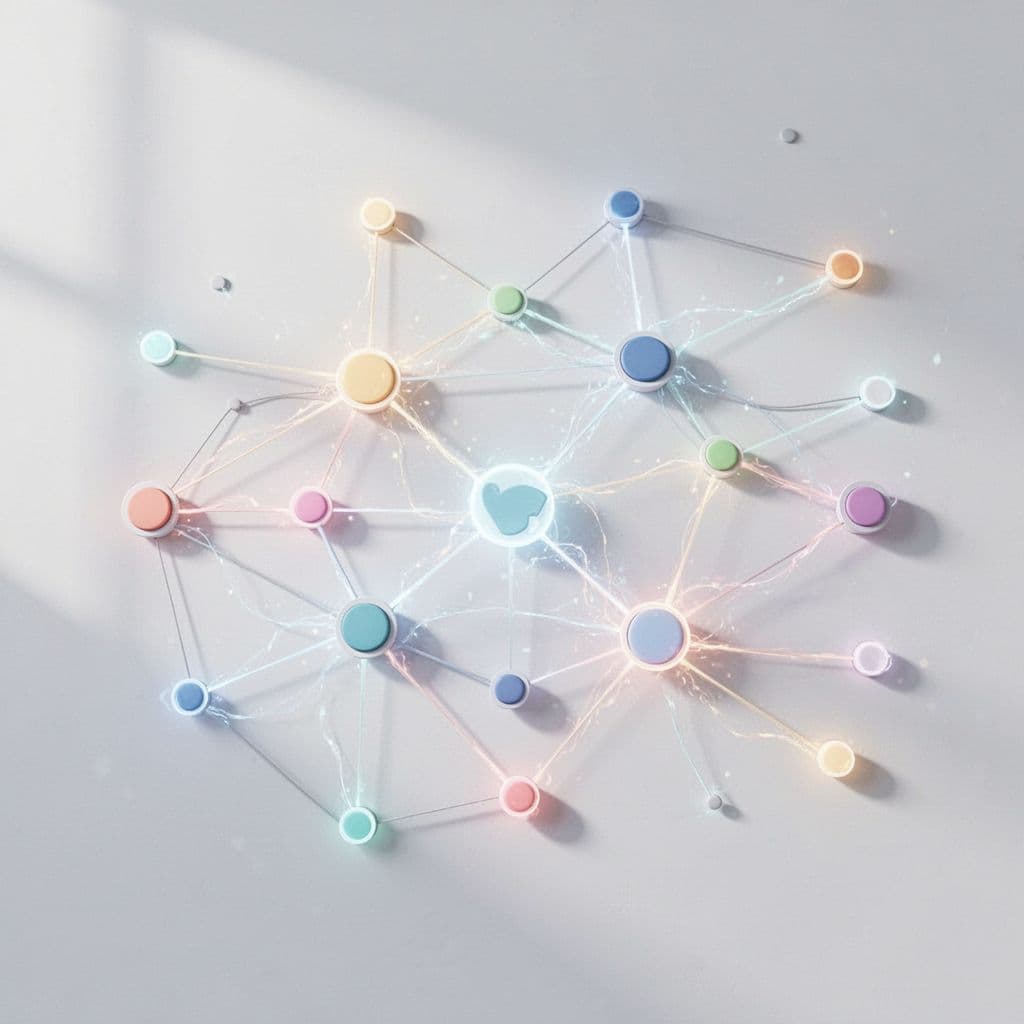 A minimalist graphic features interconnected nodes and paths representing a digital marketing workflow.