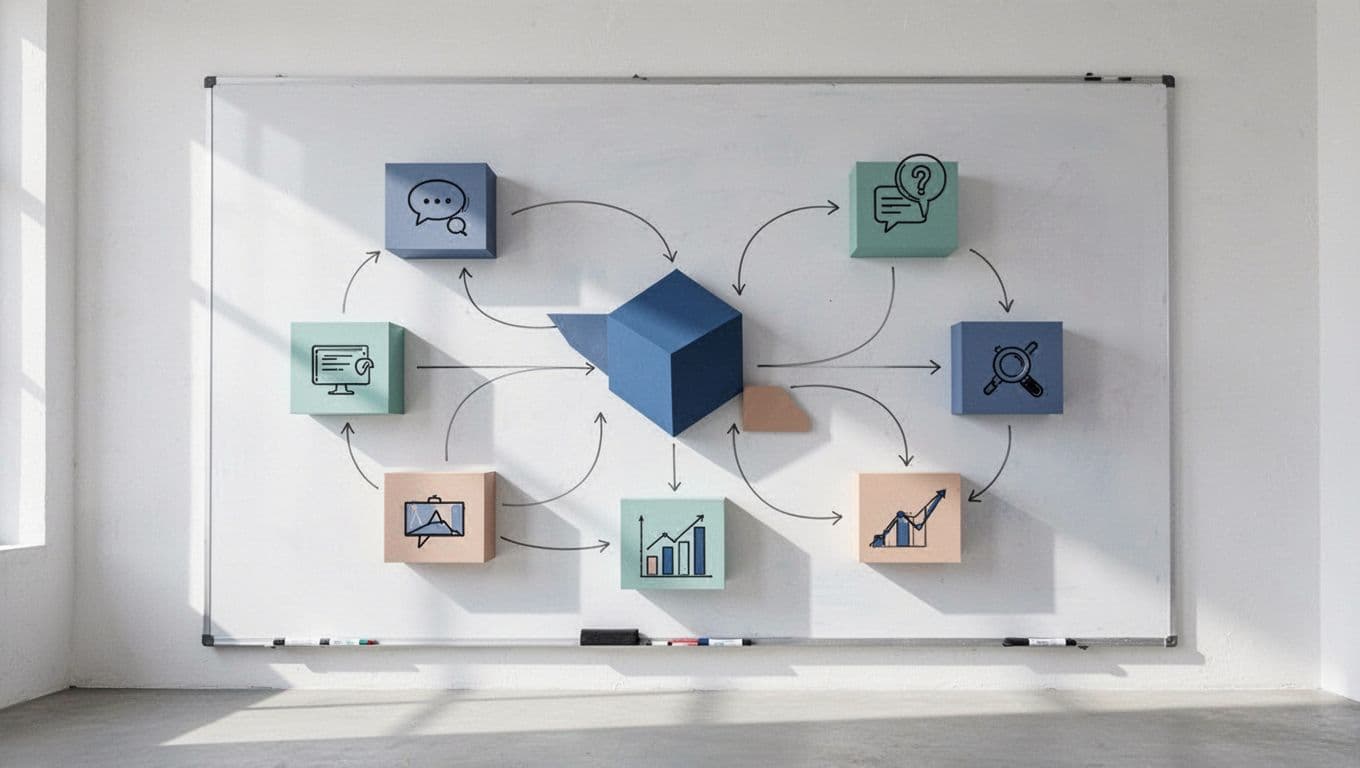 Whiteboard flowchart connects marketing modules via arrows for strategy, accountability, discussion, with icons for emails, ads, analytics.