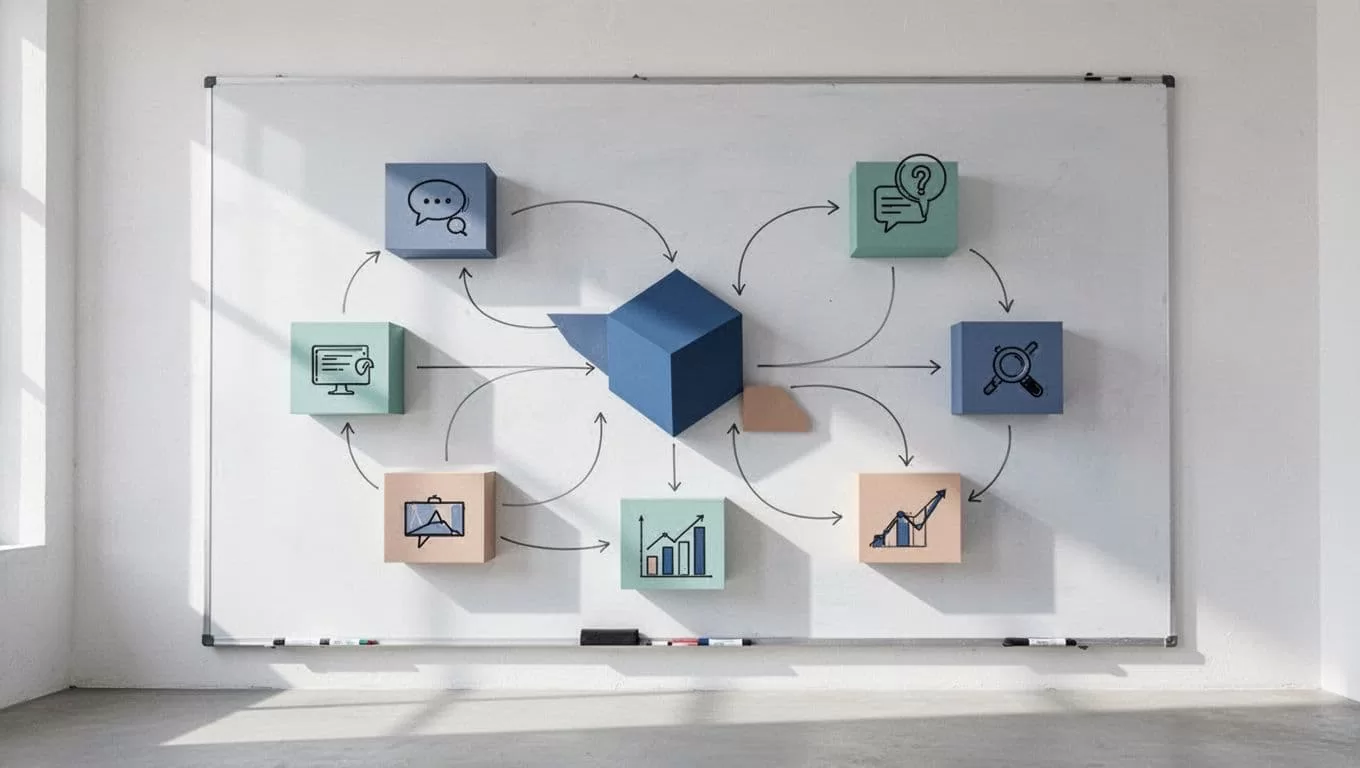Whiteboard flowchart connects marketing modules via arrows for strategy, accountability, discussion, with icons for emails, ads, analytics.