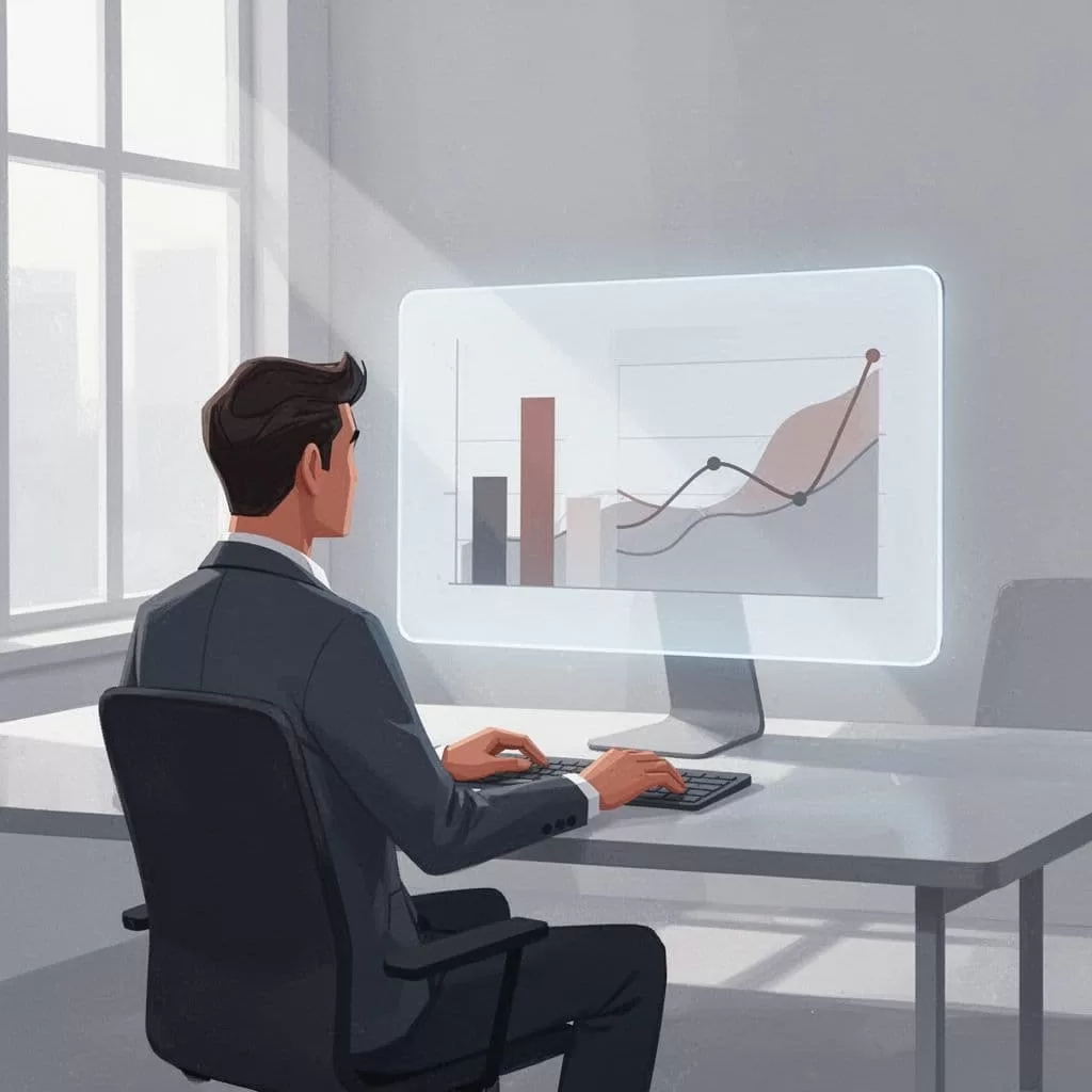 A stylized figure stands before a glowing digital screen filled with colorful bar graphs and social media metrics. Minimalist shapes represent the flow of influencer marketing data in a clean workspace.