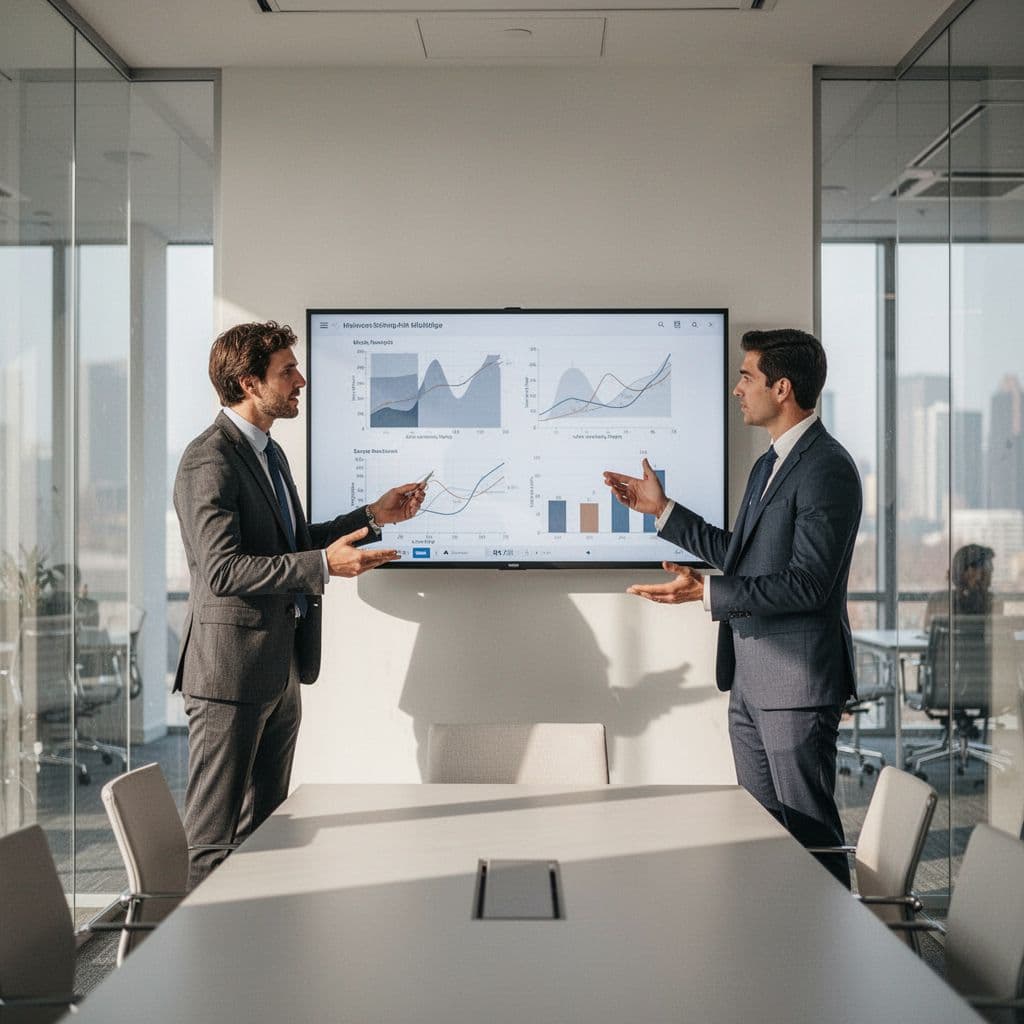 Two professionals review performance metrics on a shared digital dashboard display.