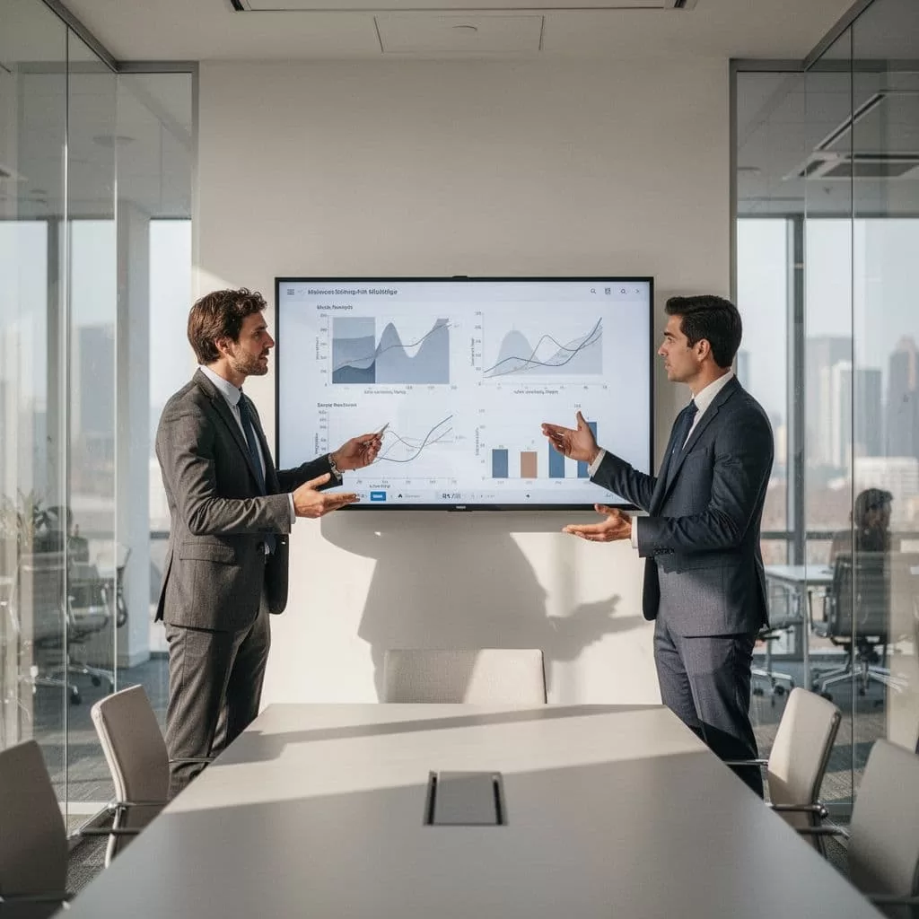 Two professionals review performance metrics on a shared digital dashboard display.
