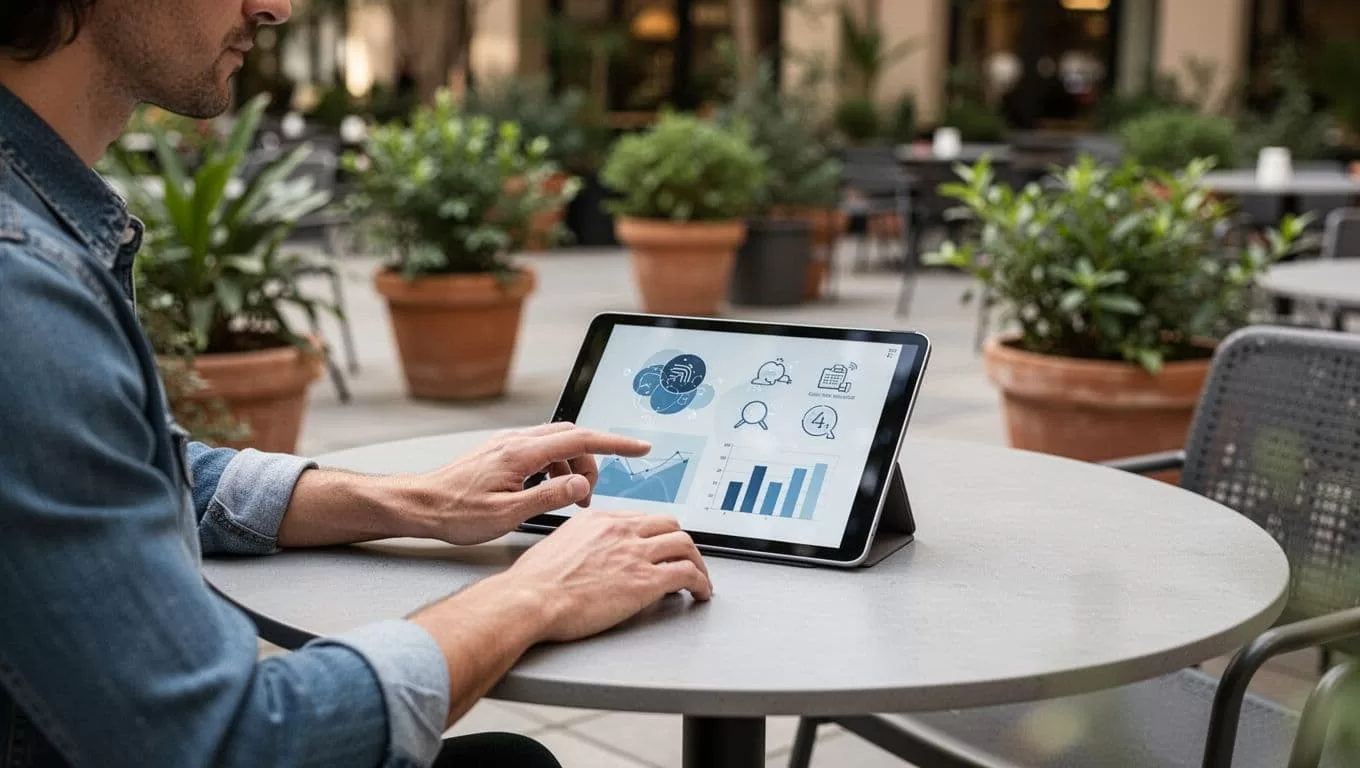 Relaxed member at outdoor cafe table holds tablet showing personalized dashboard with content folders, profile icon, and billing summary.