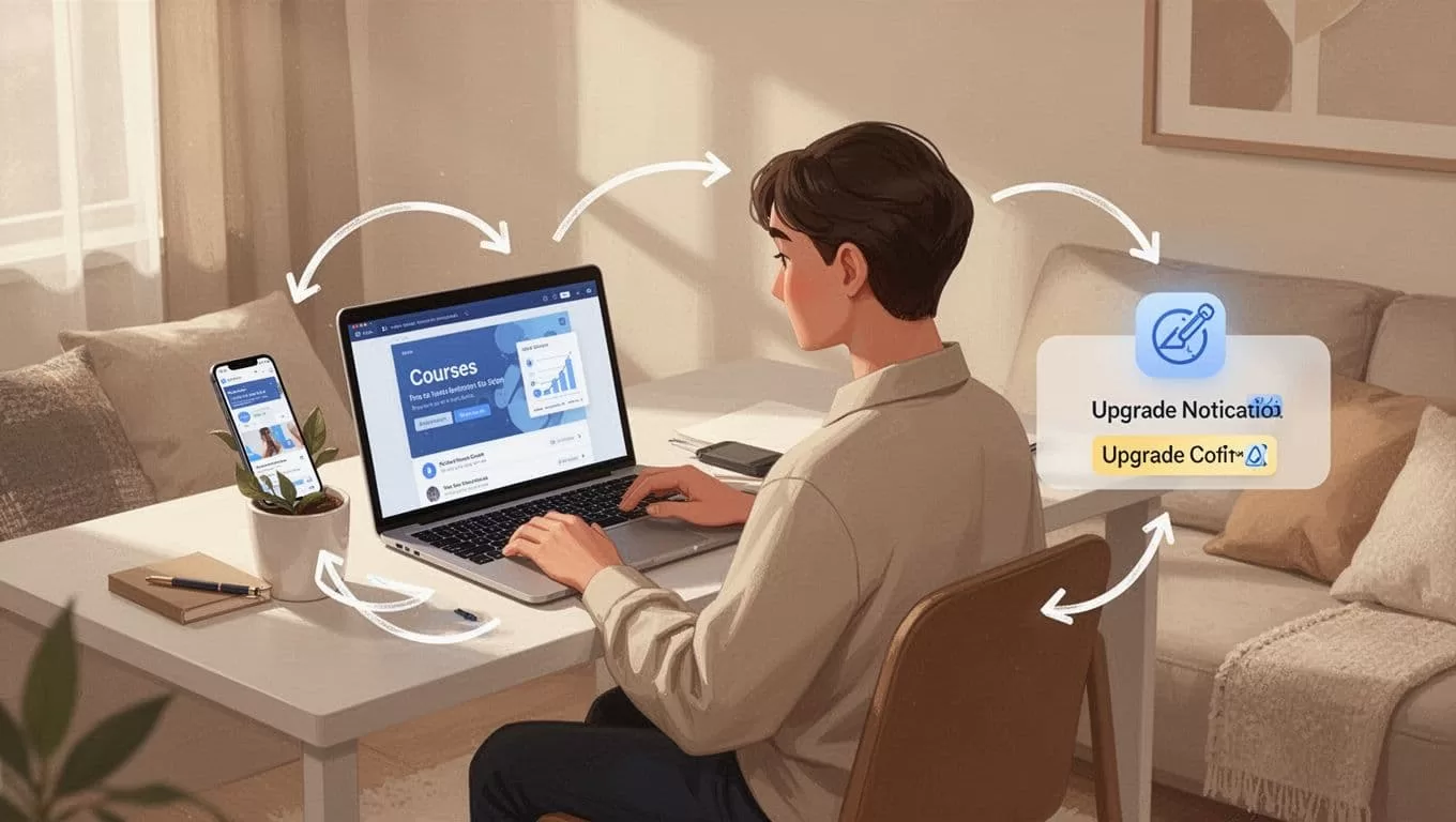 Person in cozy workspace watches course video on laptop, types in phone chat, checks upgrade notification, linked by loop arrows.