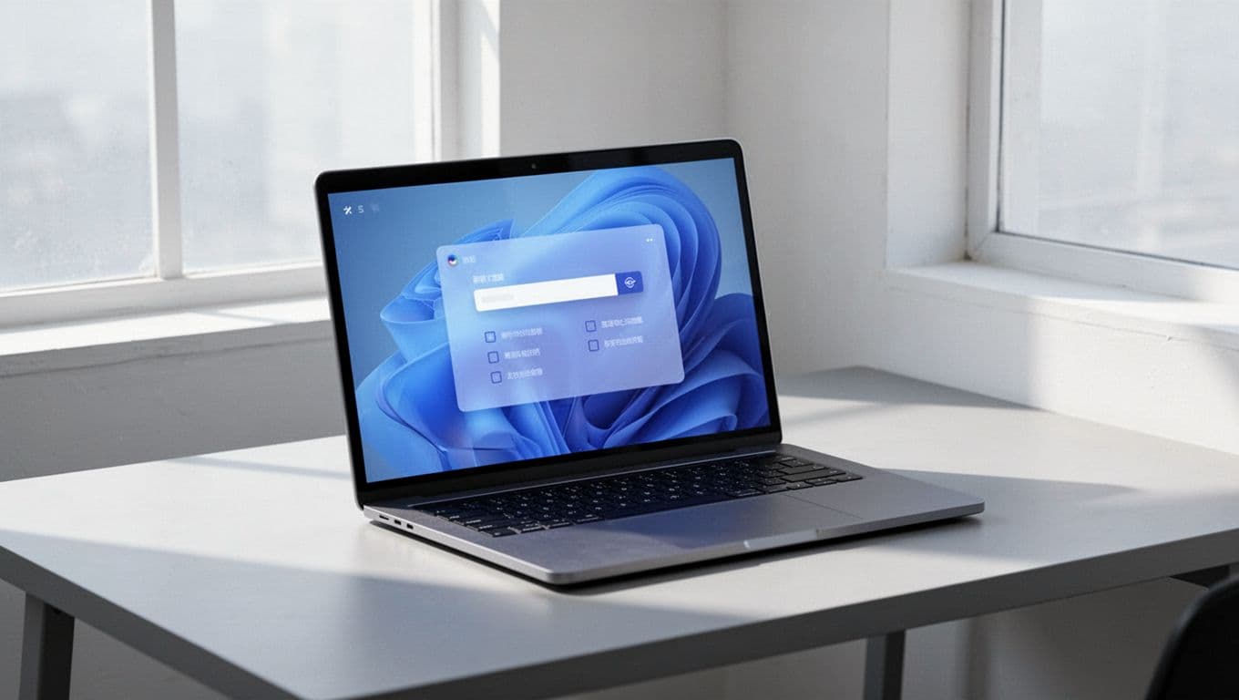 Laptop on simple desk displays dashboard with URL input field and plan checkboxes.