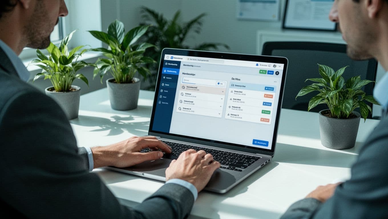 Person at desk configures membership dashboard on laptop screen showing paywall settings and directory lists, clean office with plants.