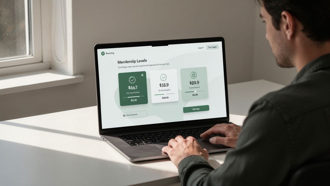 Laptop on desk displays membership tiers dashboard with pricing plans, viewed by one person.