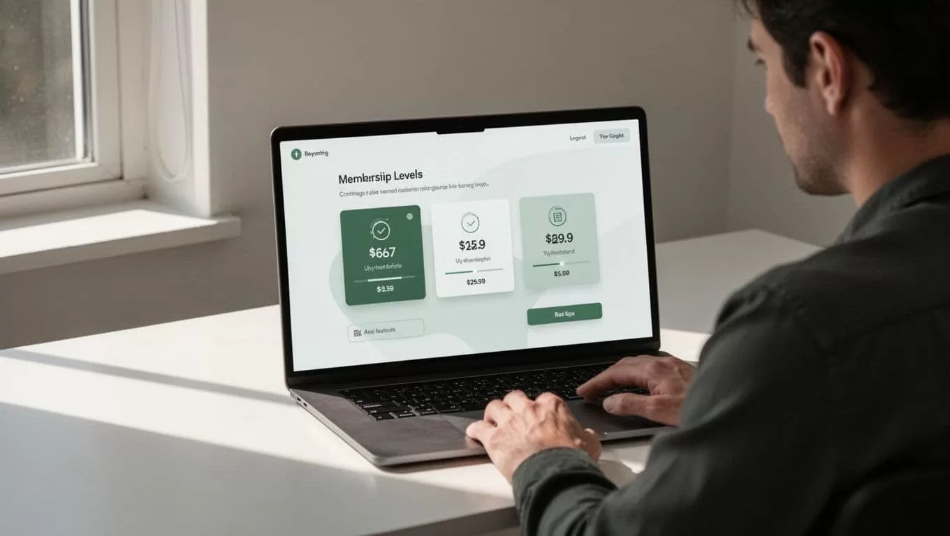 Laptop on desk displays membership tiers dashboard with pricing plans, viewed by one person.