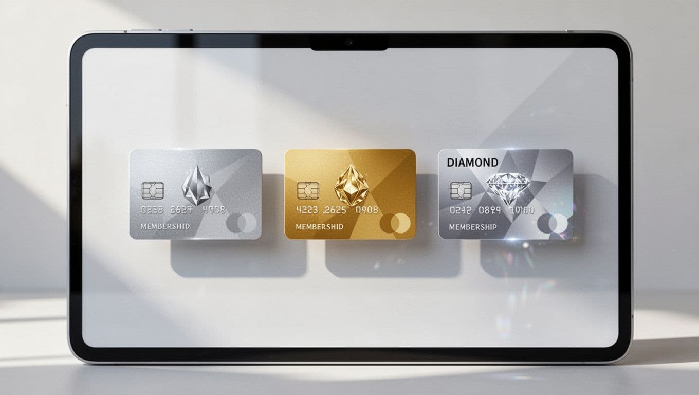 Three tier cards on digital screen: silver basic, gold premium, diamond VIP icons with simple background.