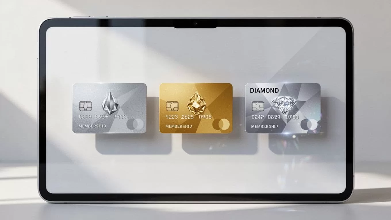 Three tier cards on digital screen: silver basic, gold premium, diamond VIP icons with simple background.