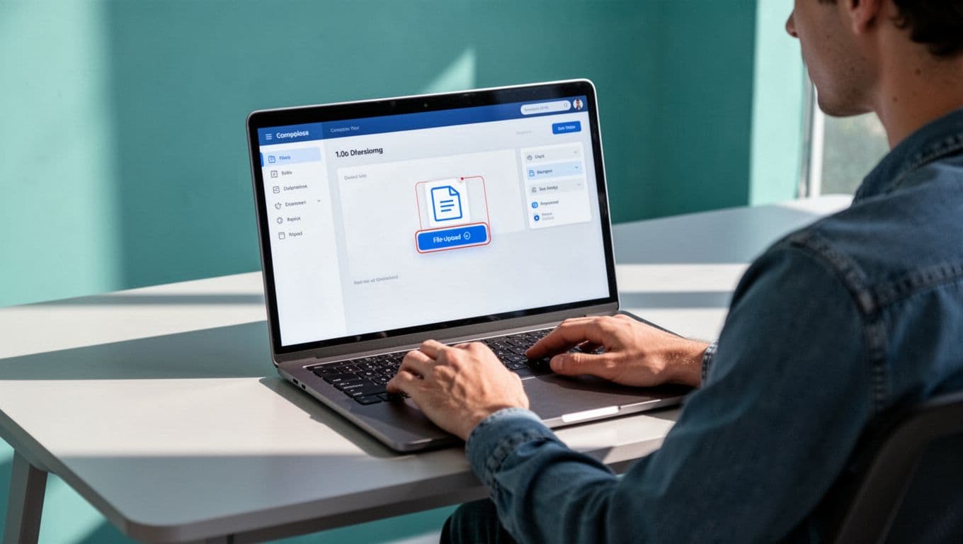 Creator at modern desk with laptop showing MemberSpace dashboard, highlighted file upload button for digital products.