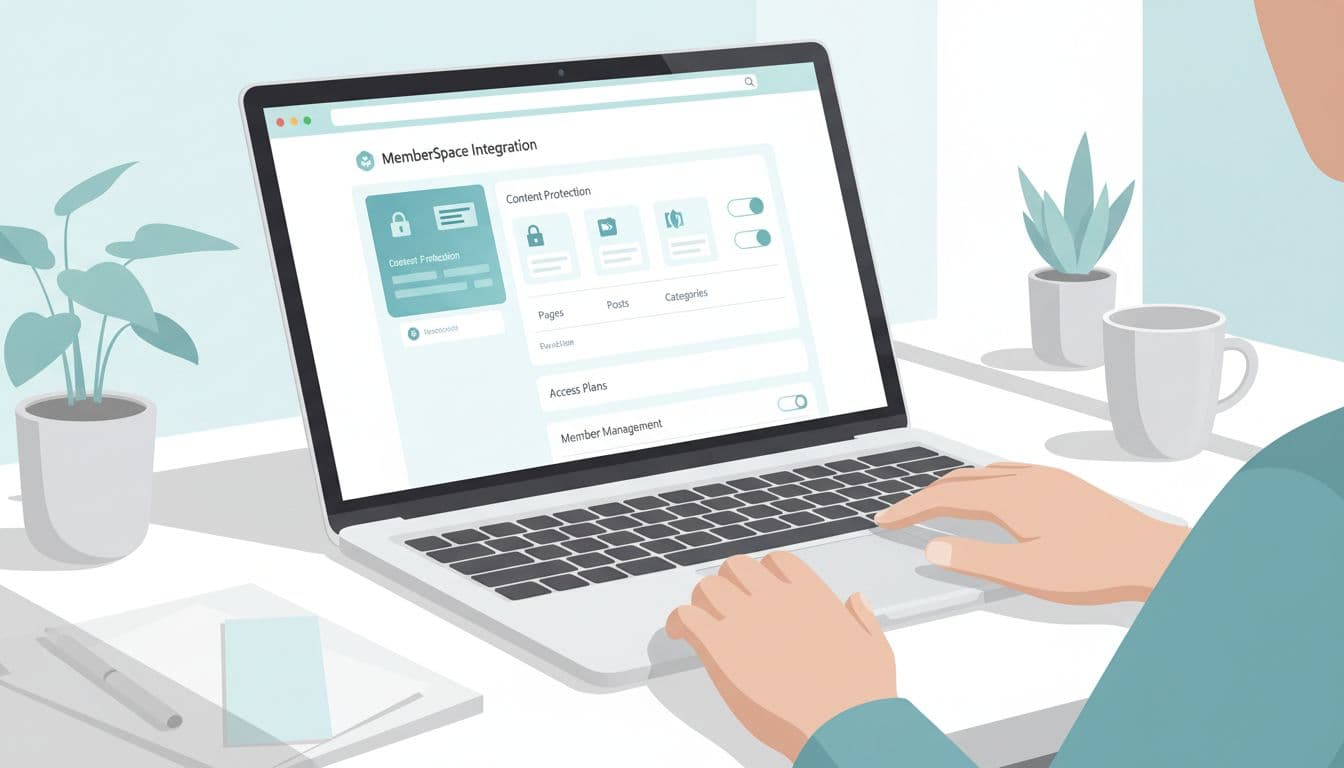 Laptop on clean desk displays MemberSpace integration panel with content protection options; hands rest nearby.