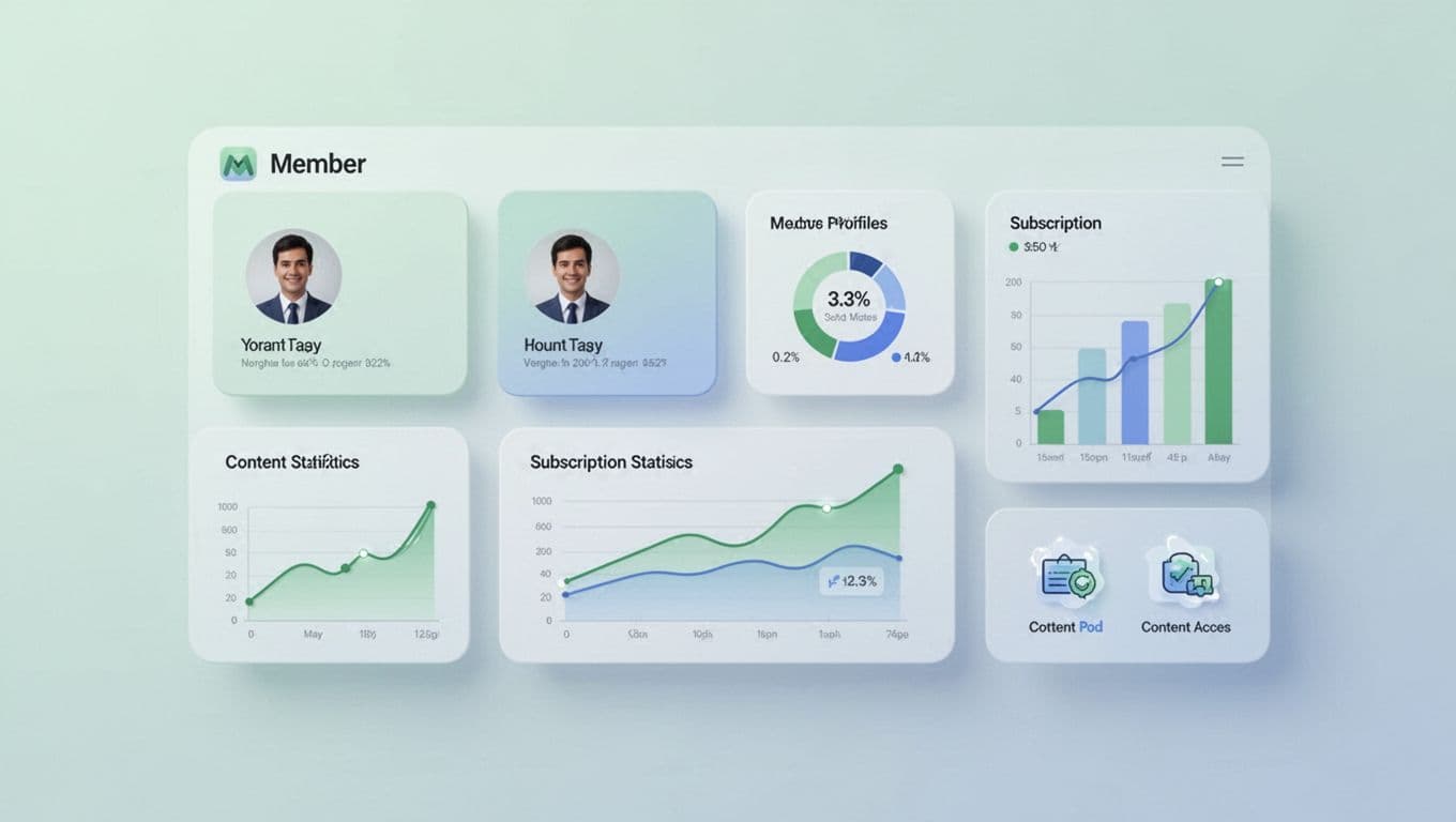 Clean dashboard with member profiles, subscription stats, and Notion access shown via charts and icons.