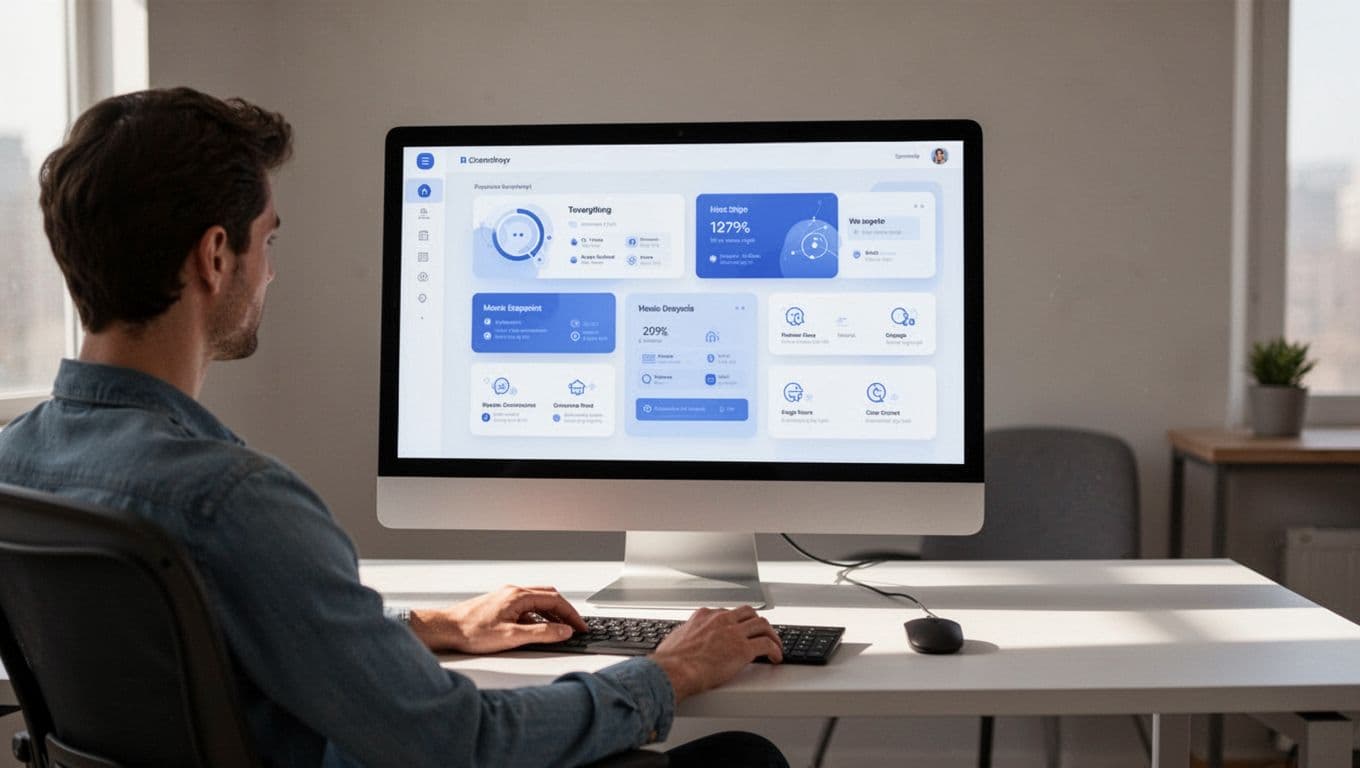 Desktop monitor shows MemberSpace dashboard listing protected pages and access plans, with one person seated in simple office.
