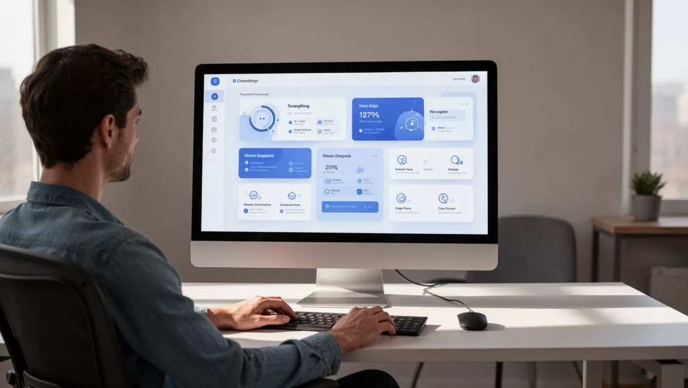 Desktop monitor shows MemberSpace dashboard listing protected pages and access plans, with one person seated in simple office.