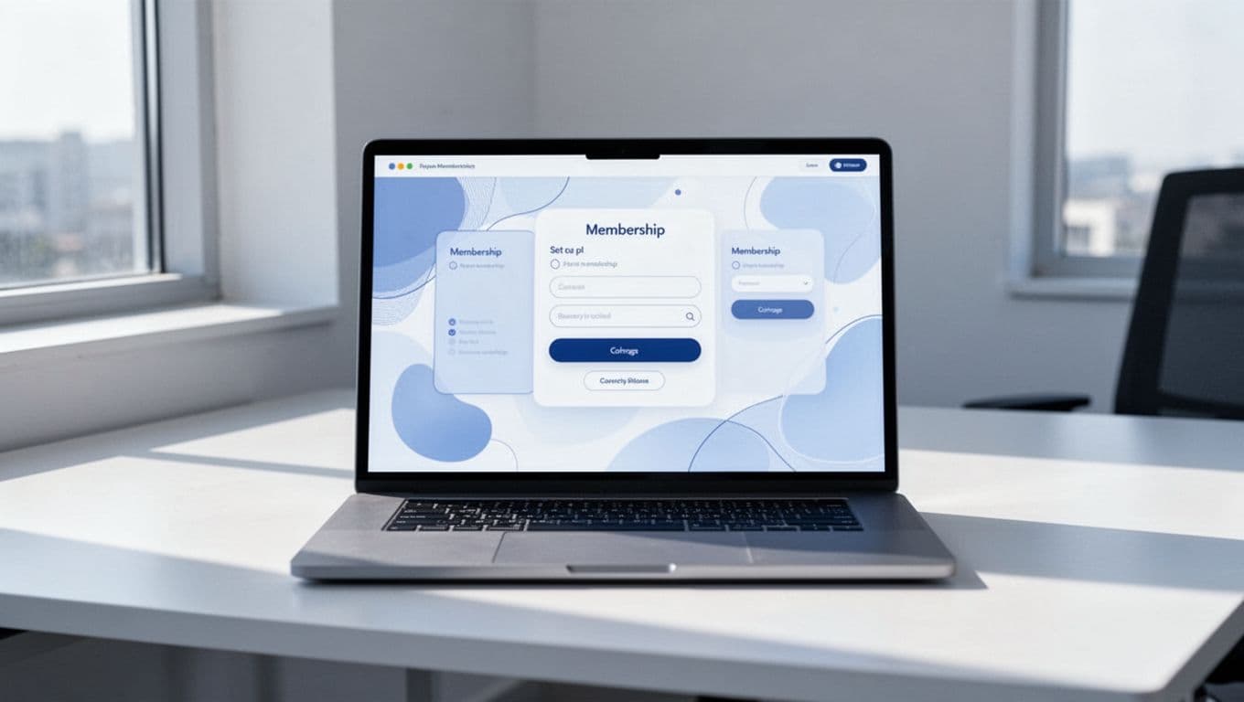 Laptop on modern office desk displays clean dashboard interface with buttons for plans and integrations.
