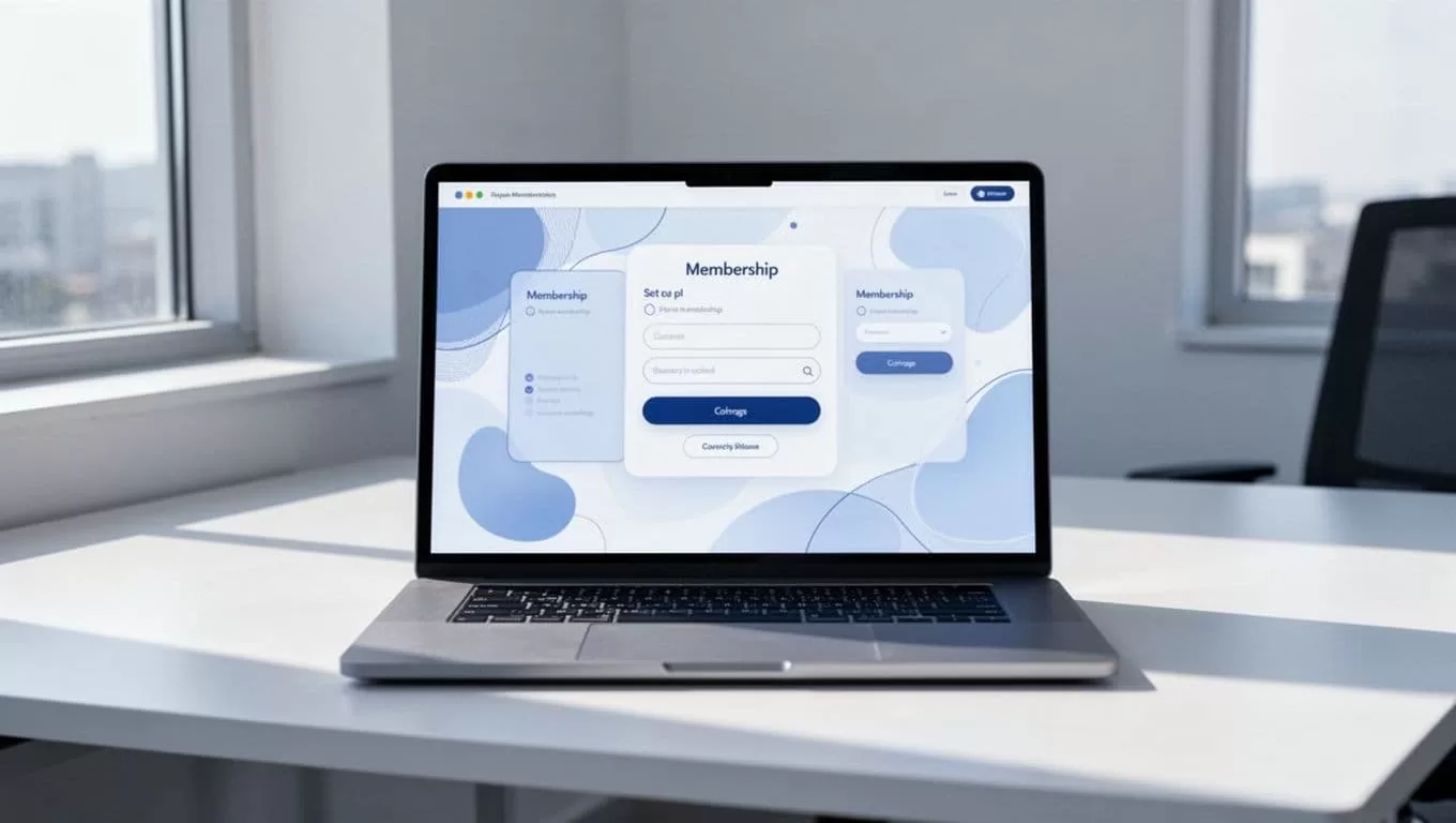 Laptop on modern office desk displays clean dashboard interface with buttons for plans and integrations.
