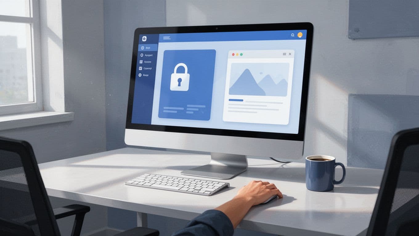 Desktop screen shows MemberSpace dashboard with selected Squarespace page, active lock icon, and webpage preview on office desk with coffee mug and hand on mouse.