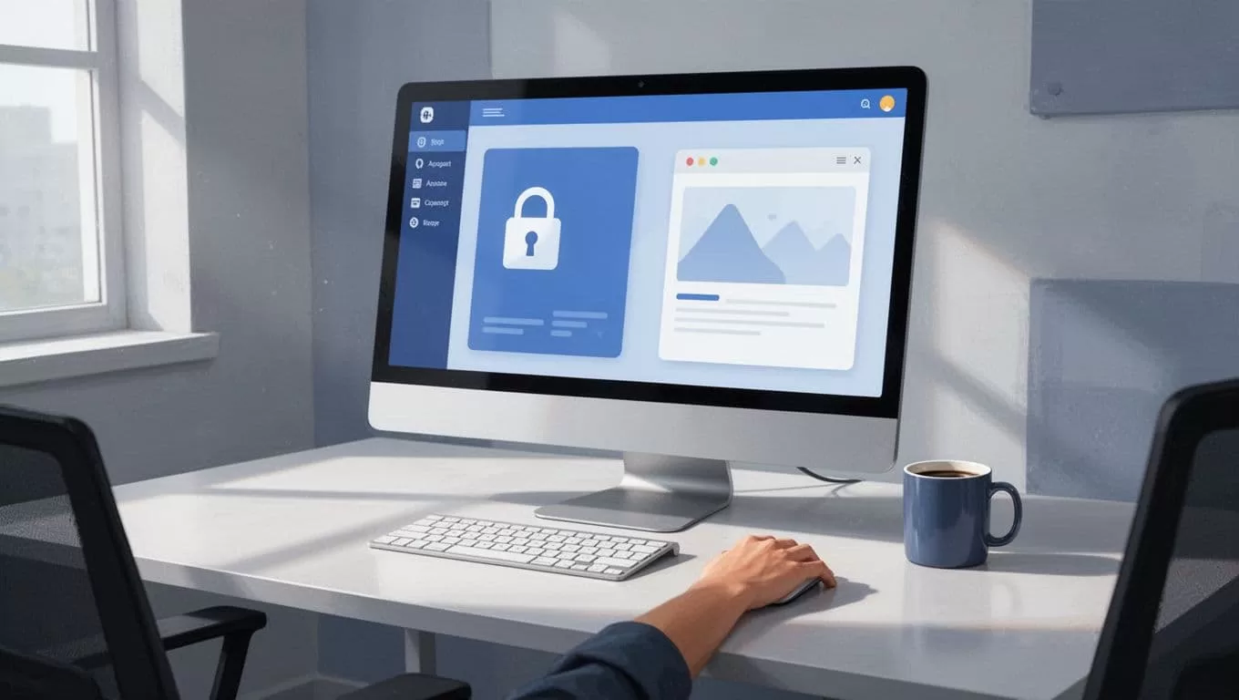 Desktop screen shows MemberSpace dashboard with selected Squarespace page, active lock icon, and webpage preview on office desk with coffee mug and hand on mouse.