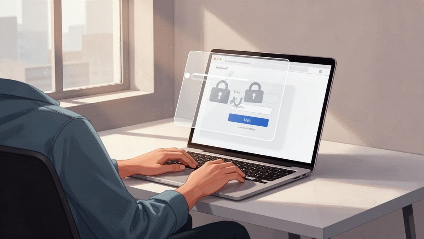 Laptop on modern desk displays website with MemberSpace subscription login button and paywall overlay; relaxed developer sits with hands on keyboard.