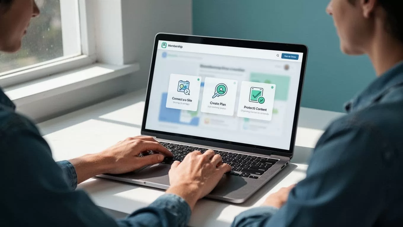 Laptop screen shows step-by-step icons for connecting site, creating plan, and protecting content, with relaxed hands on keyboard.
