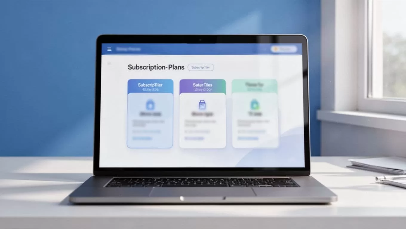 Laptop on clean desk shows blurred subscription tiers dashboard in blues and whites.