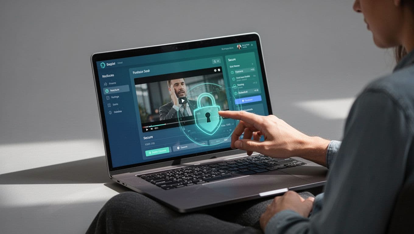 Laptop screen shows MemberSpace dashboard with Vimeo player, secure lock icon, and hand adjusting settings.
