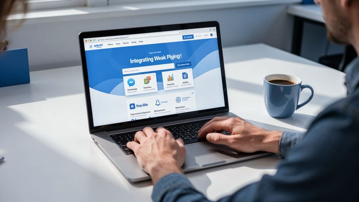 Person at desk uses laptop showing WordPress dashboard with MemberSpace plugin integration, coffee mug nearby.