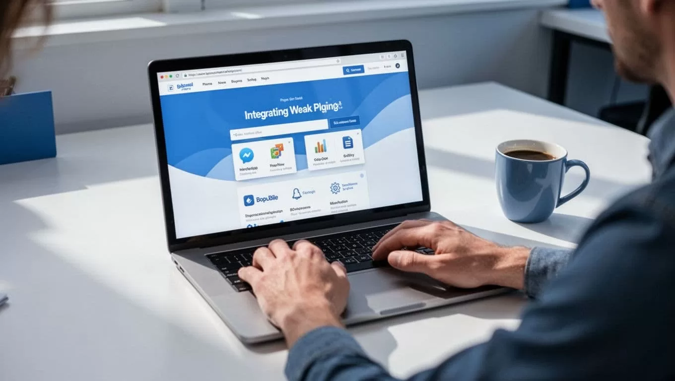 Person at desk uses laptop showing WordPress dashboard with MemberSpace plugin integration, coffee mug nearby.