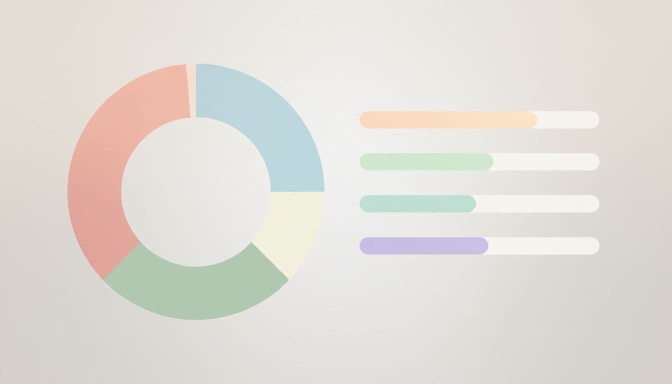 Soft-toned progress bars and clean geometric charts sit against a plain background. These minimalist shapes visually represent data tracking and optimization efforts within a modern digital marketing performance report.