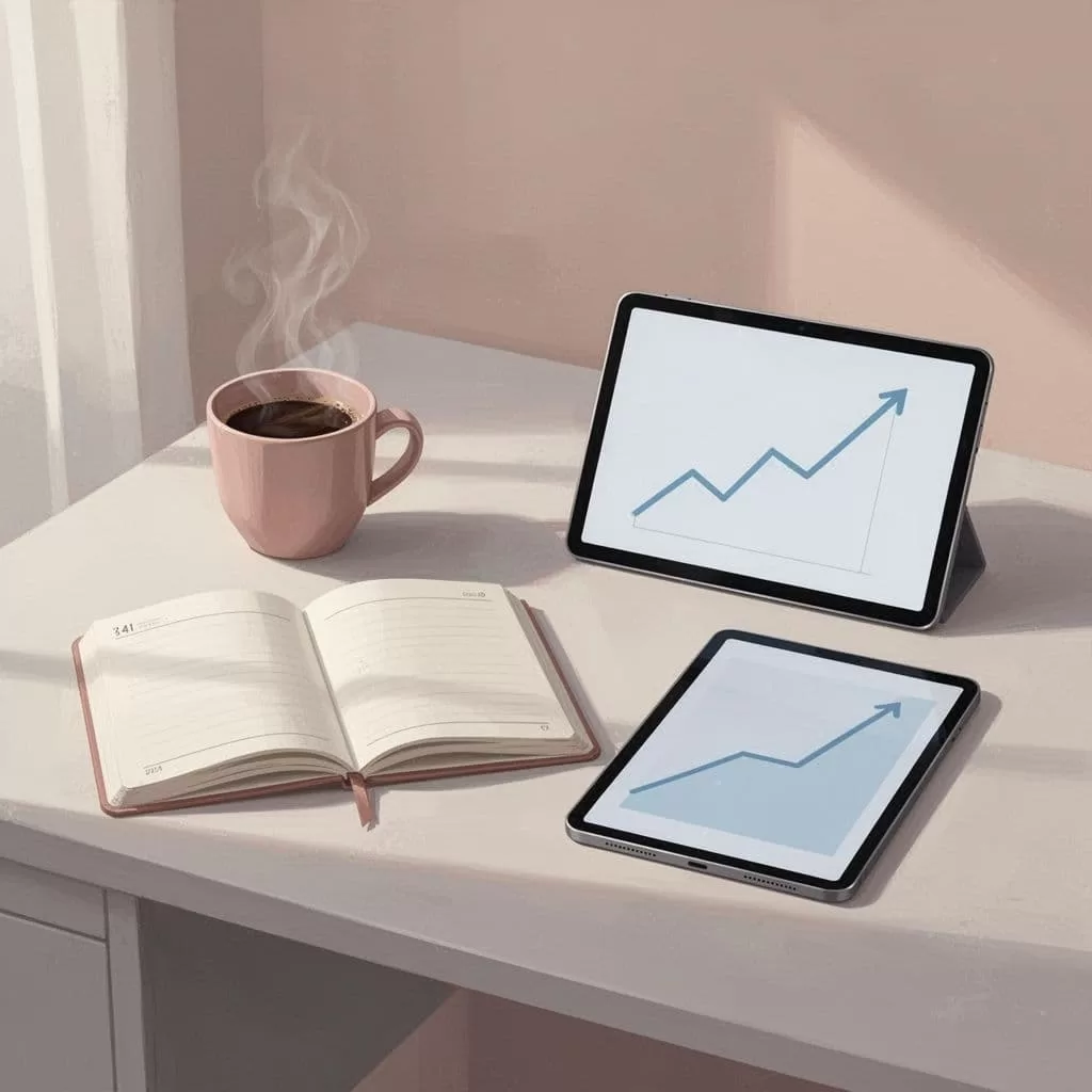 A clean desk features a notebook, coffee cup, and tablet displaying an upward financial growth curve.
