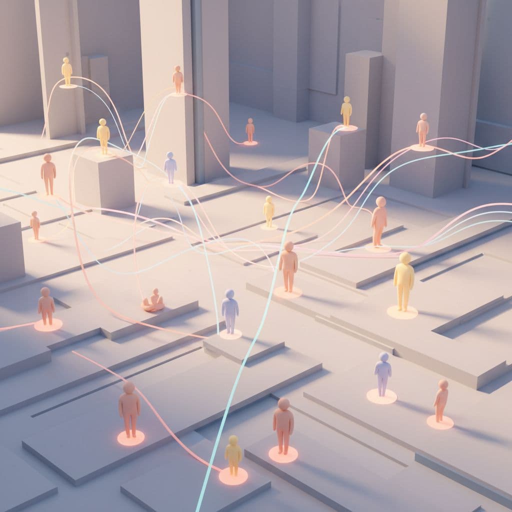 Clean abstract virtual space with people icons linked by soft lines under warm lighting.