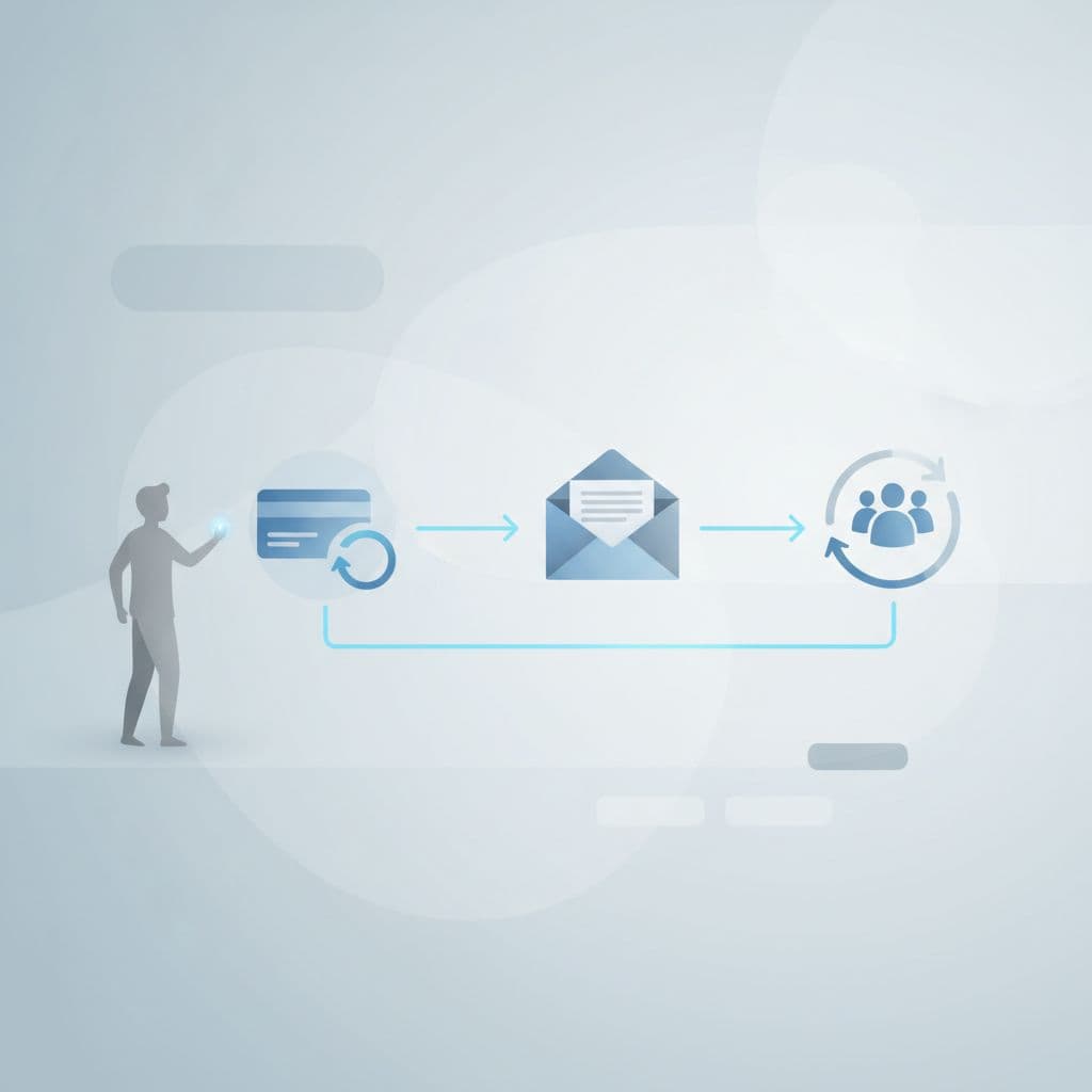 Person connects icons for payments, emails, and community access in clean digital illustration.