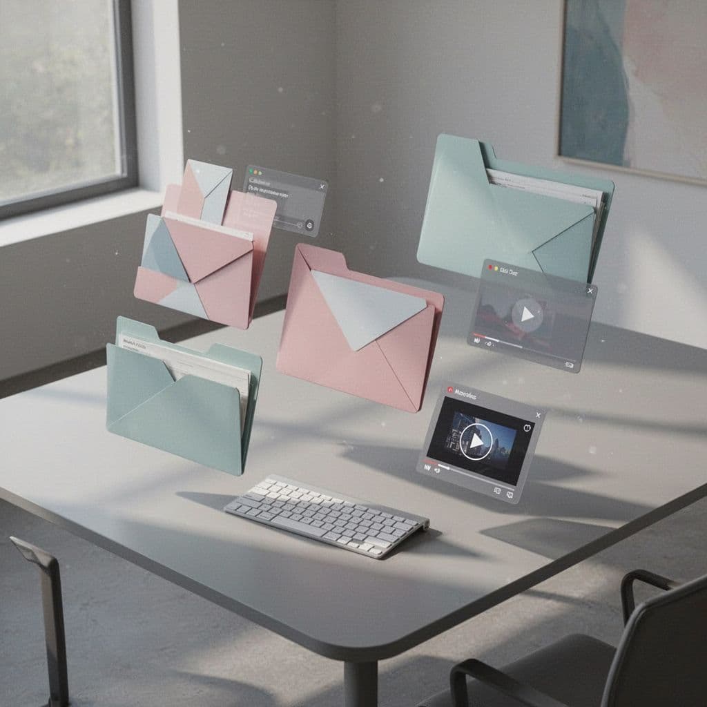 High-angle view of modern digital desk with abstract geometric shapes as folders and video files in soft muted colors.