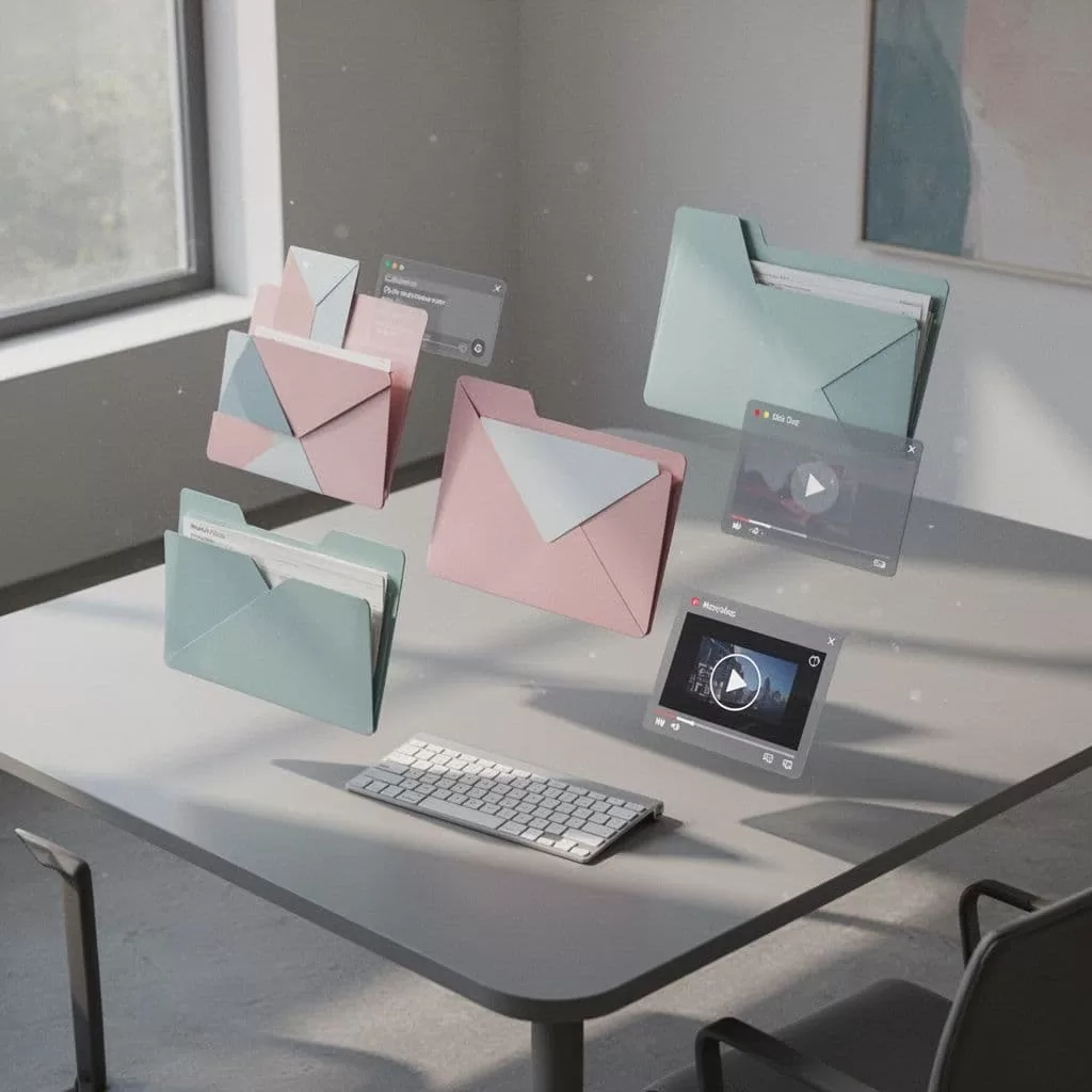 High-angle view of modern digital desk with abstract geometric shapes as folders and video files in soft muted colors.