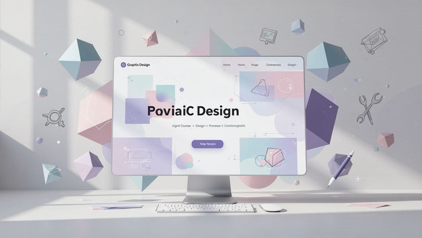 Clean minimalist workspace interface shows graphic design course dashboard with abstract geometric shapes and subtle tools in background.