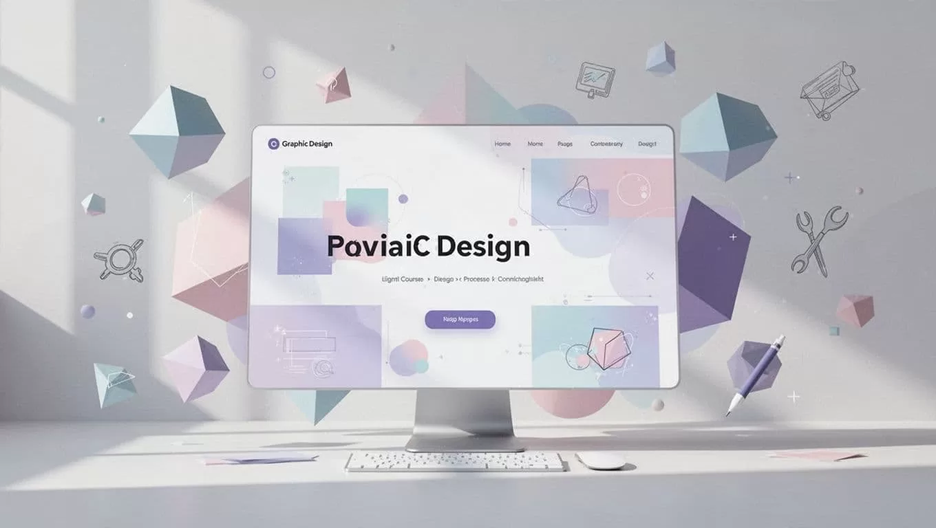 Clean minimalist workspace interface shows graphic design course dashboard with abstract geometric shapes and subtle tools in background.